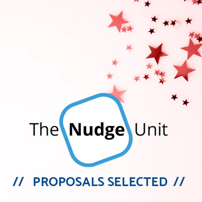 Nudge Unit logo with text "Proposals selected" overlaid on shiny red star confetti 